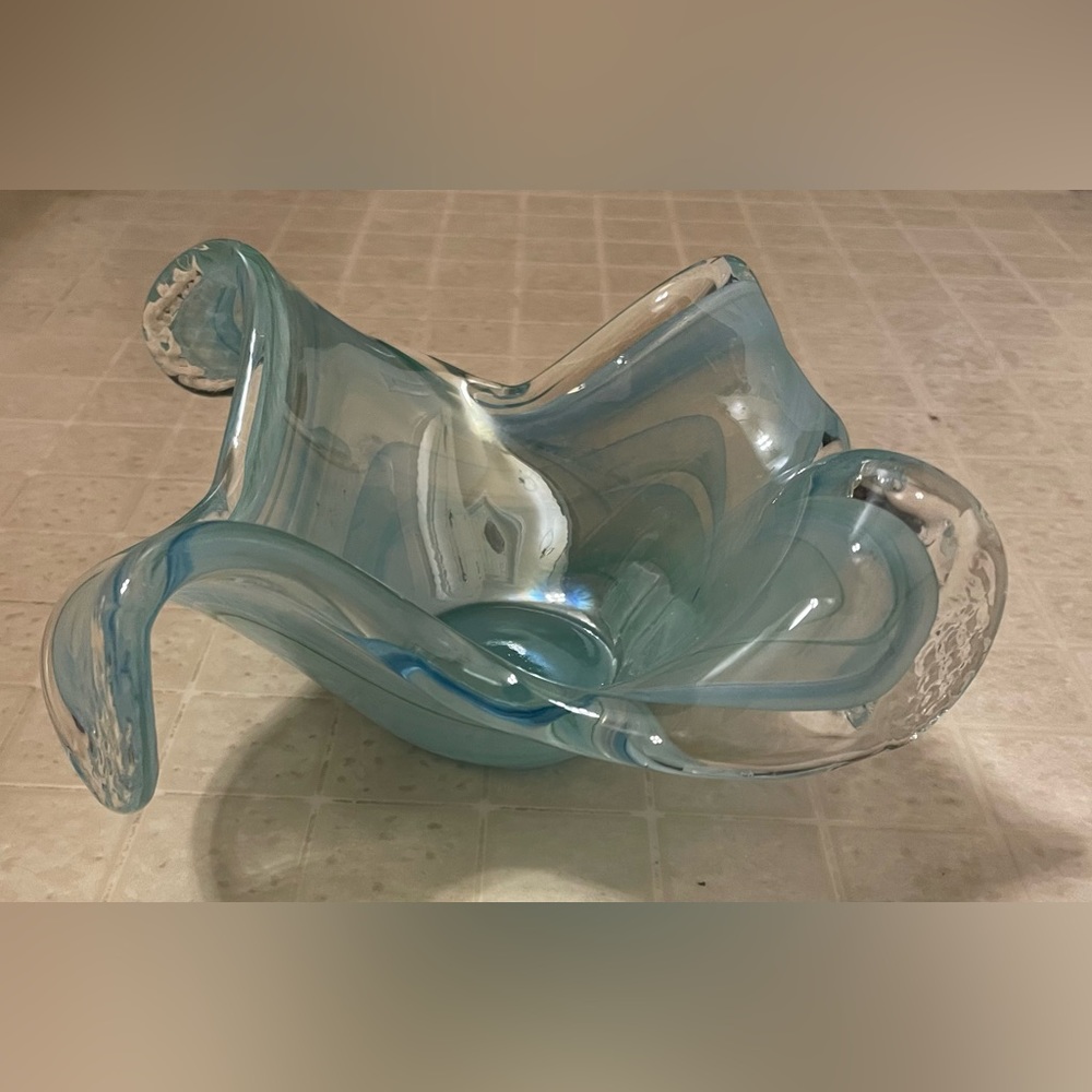 Handblown Light Blue Glass Art Bowl - Decorative Home Accent